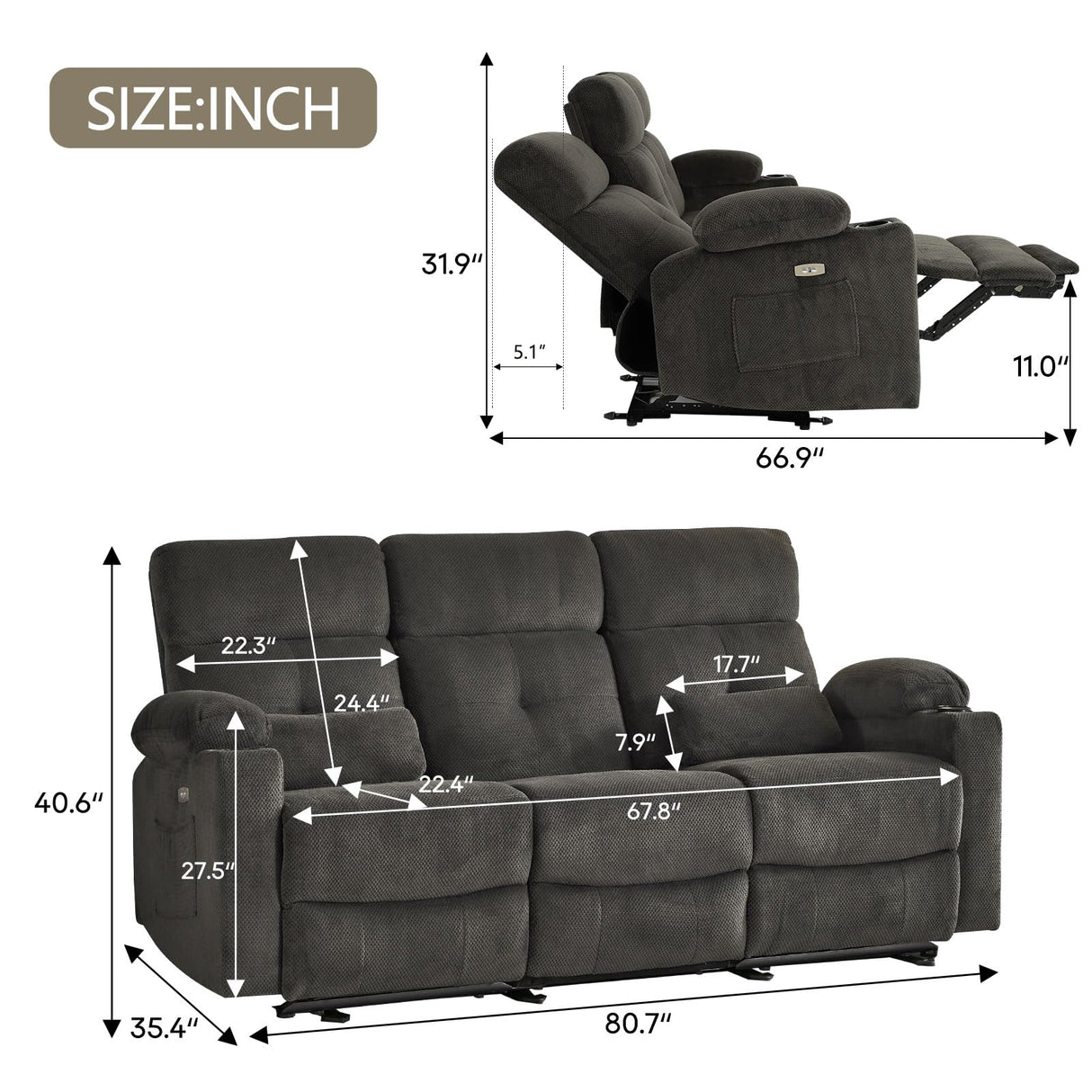 Consofa 80'' Power Reclining Sofa with Heat and Massage, Electric Reclining Couch with Extended Footrest, Wall Hugger Recliner Sofa 3 Seater with USB Ports, Cup Holders for Living Room Consofa
