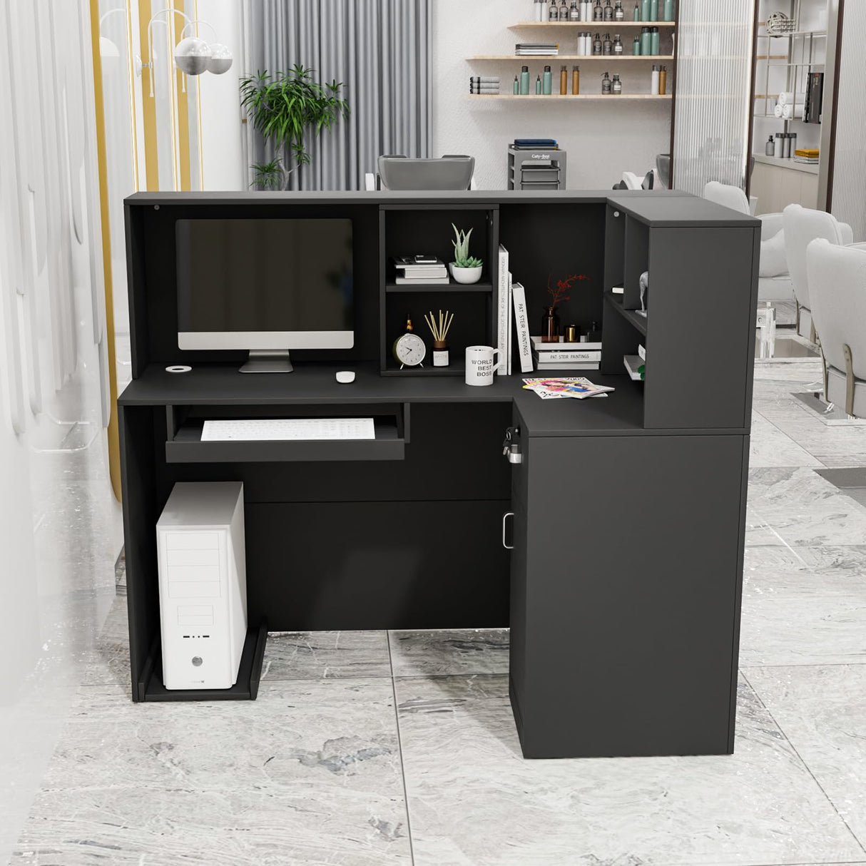 Modern Reception Desk, Moveable Shelves and Lockable Drawers, Retail Checkout Counter Table, for Lobby Beauty Salon Office (Black) OmySalon