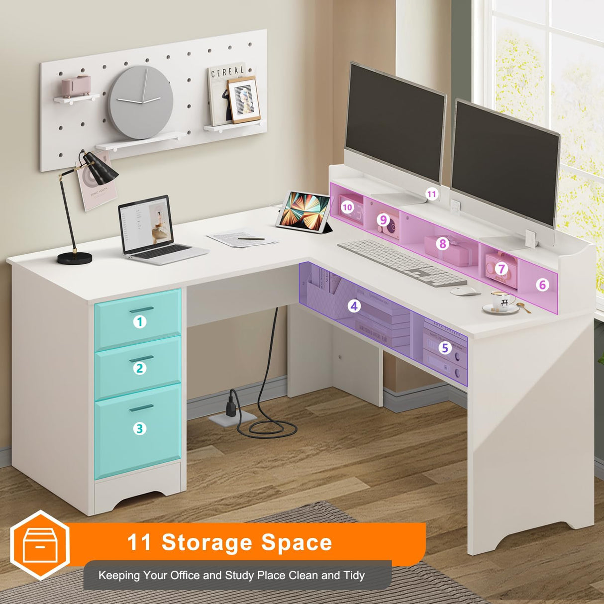 White L Shaped Desk with 3 Drawers, 60 inch White Executive Desk with Drawers and Power Outlet, White L Shaped Desk with File Cabinet, Corner Computer Desk with Moveable Hutch for Bedroom MaverickFurni