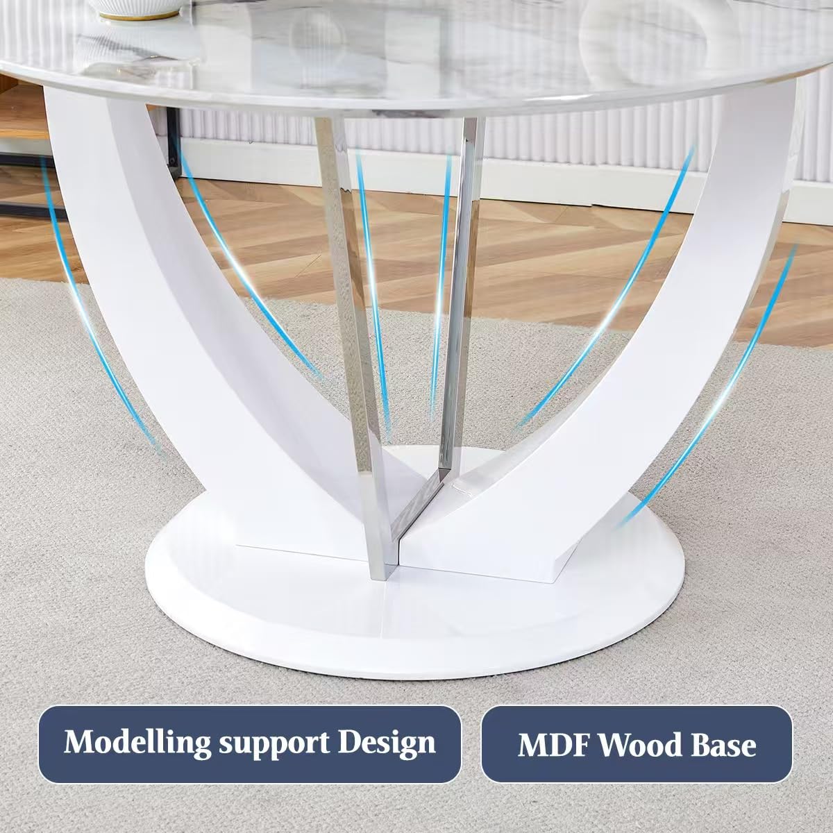 TesNus Round Dining Table Set for 4 with Chairs,Marble Top Pedestal Table and White Faux Leather Chairs, Modern Circular Kitchen Dining Table Set for Apartment, Modern Home,New House for 4 People TesNus