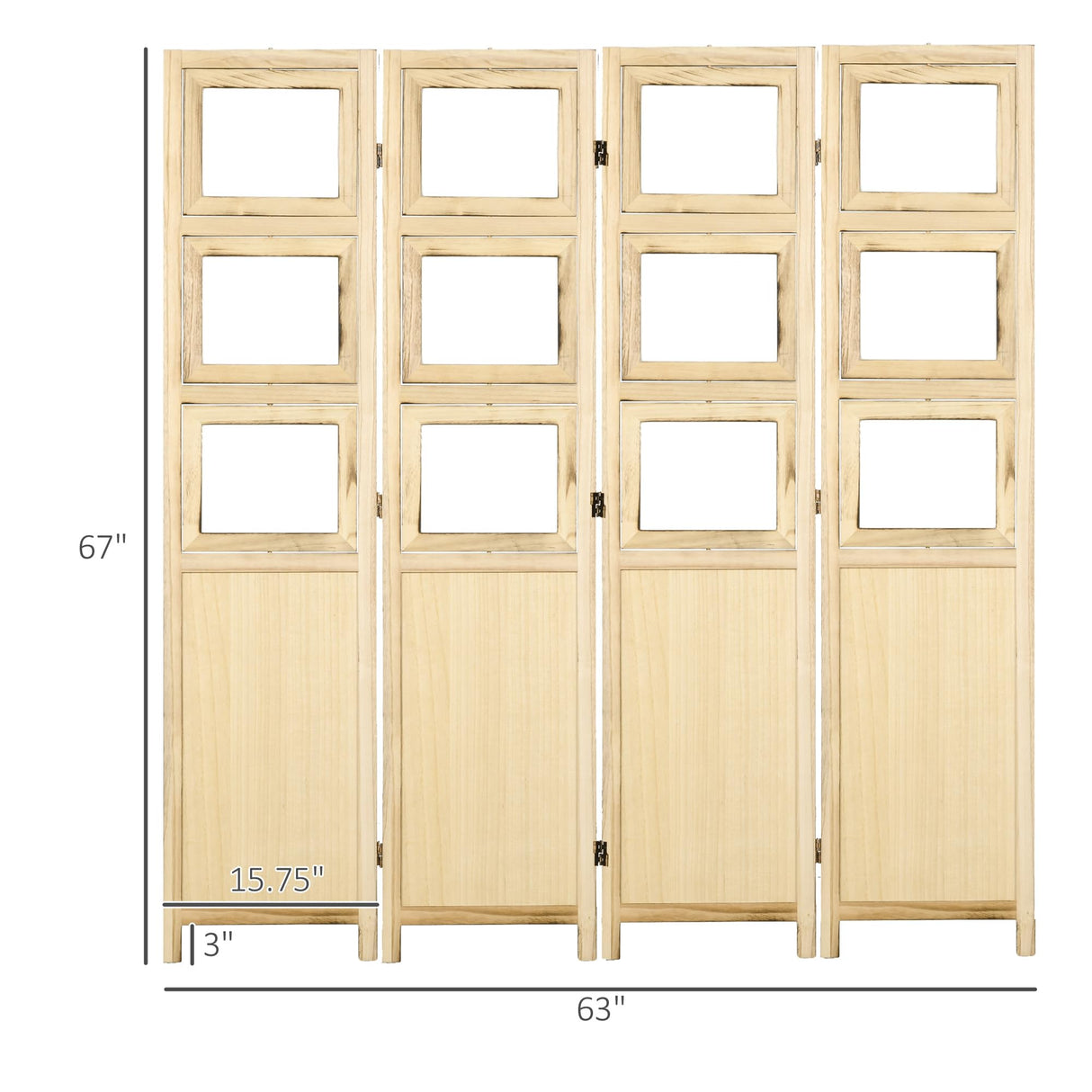 HOMCOM 4 Panel Room Divider, 5.6' Indoor Wood Portable Folding Privacy Screens with Photo Frames and Cardstocks, Hinged Freestanding Partition Wall Dividers for Home Office, Natural HOMCOM