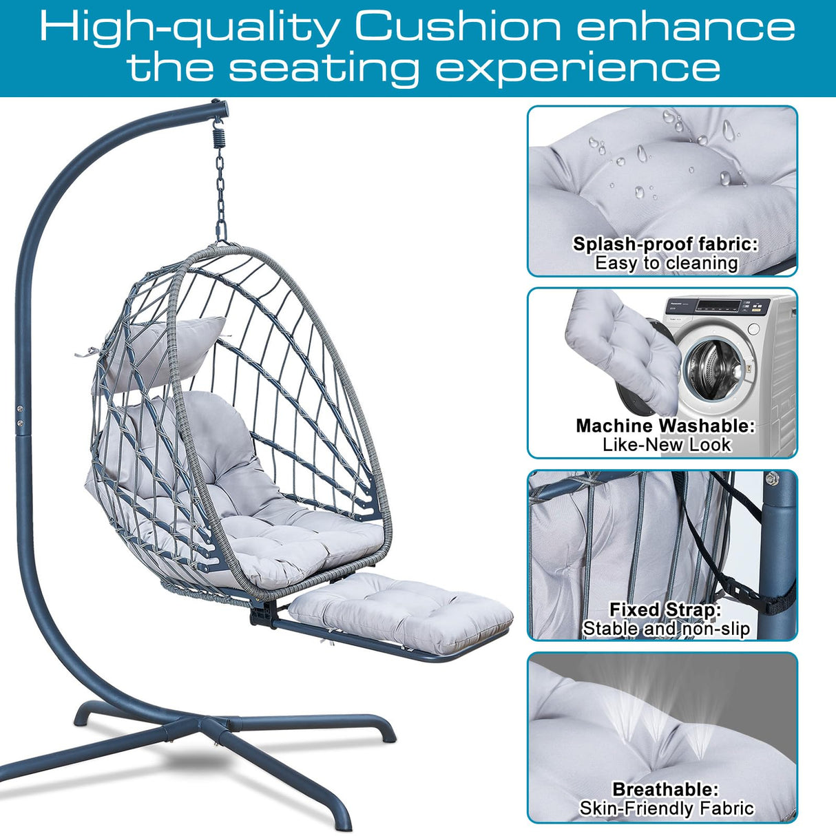 Hanging Egg Chair with Stand and Leg Rest โ Rattan Wicker Swing Hammock Chair, UV-Resistant Cushion, Heavy-Duty Frame for Indoor & Outdoor Patio, Bedroom, Balcony, Garden โ 330 lbs Capacity. Outlux
