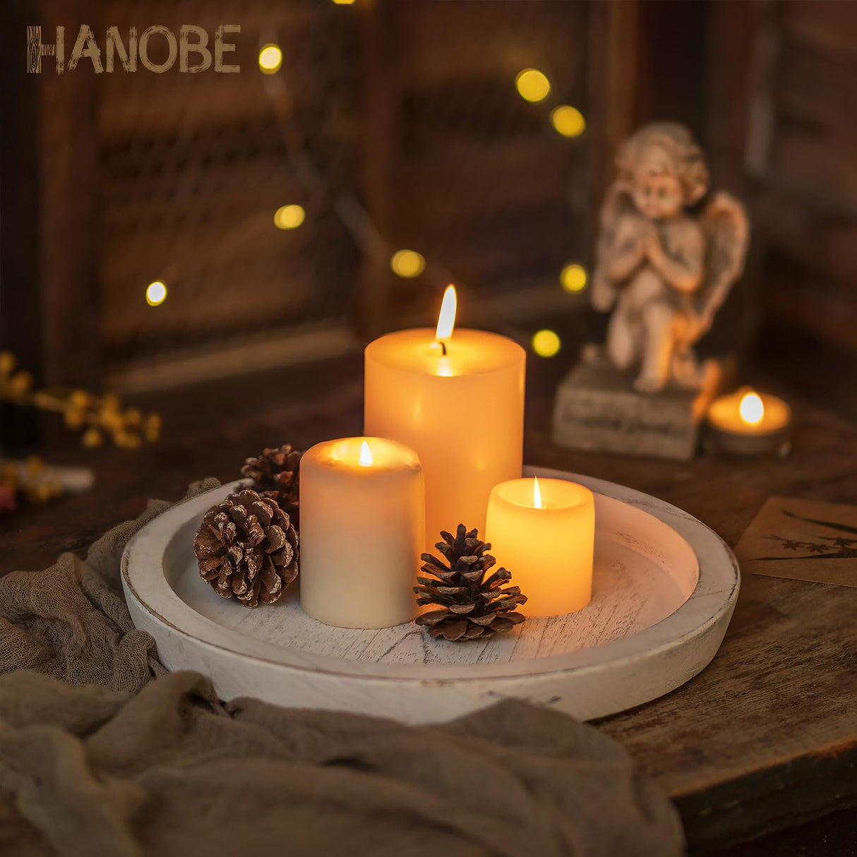 Hanobe Rustic Wooden Serving Tray: Round Wood Decorative Tray Rustic White Centerpiece Candle Holder Trays Farmhouse Ottoman Tray for Decor Kitchen Counter Home Decor for Coffee Table Hanobe