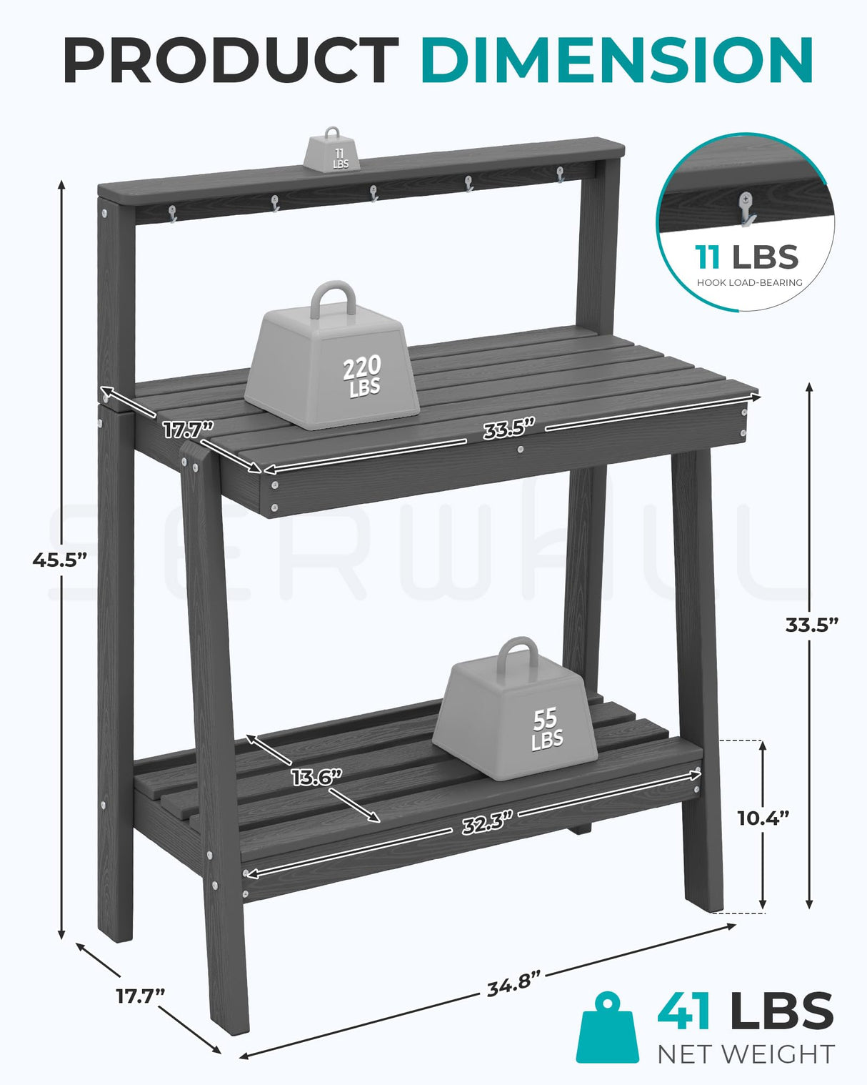 SERWALL Potting Bench Outdoor with Storage, 3-Tier HDPE Gardening Table with Angled Legs & Tool Hooks, All-Weather Heavy Duty Potting Table for Patio, Backyard, Garden, Gray SERWALL