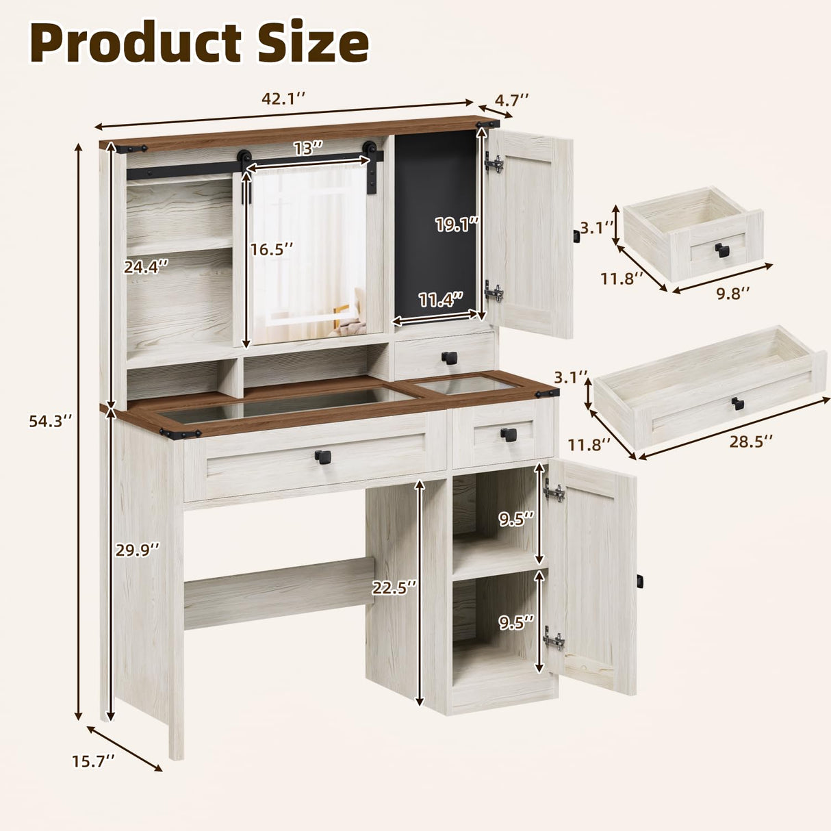 EROMMY 42" Farmhouse Makeup Vanity Desk with Lighted Mirror & Power Strips, Vanity Table with Sliding Barn Door, Open & Hidden Shelves, Drawers, Jewelry Cabinet, White Dressing Table, Light Adjustable EROMMY