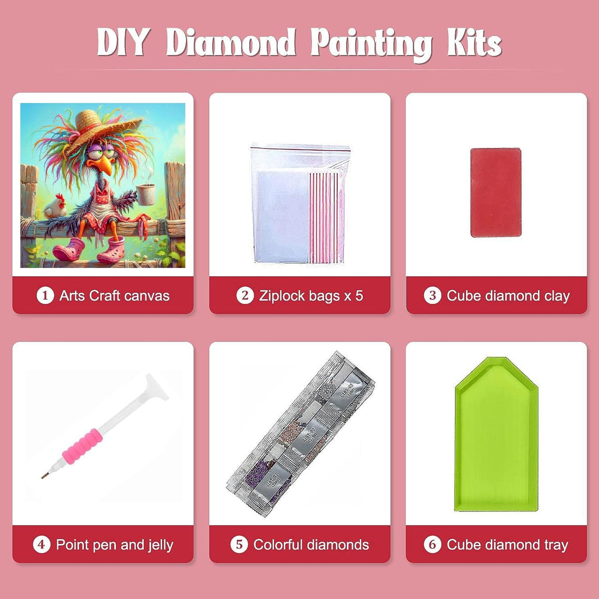 Clendo Chicken Diamond Art Kits for Adults - Funny Animals 5D Diamond Painting for Adults, Full Drill Diamond Dot Gem Art Kit for Adult Wall Home Decor Arts Craft 14x14 inch Clendo