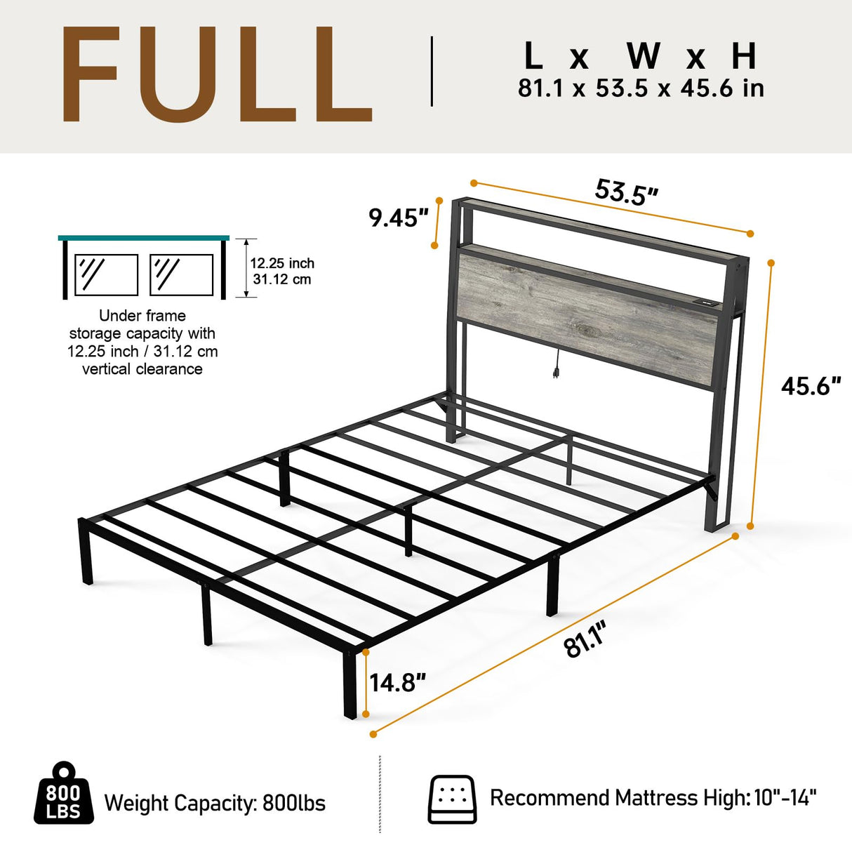 Full Size Bed Frame with Headboard, Metal Platform Bed Frame with LED Lights & Charging Station, Under Bed Storage, Solid and Stable, No Box Spring Needed, Noise Free, Easy Assembly, Rustic Grey RVONOW