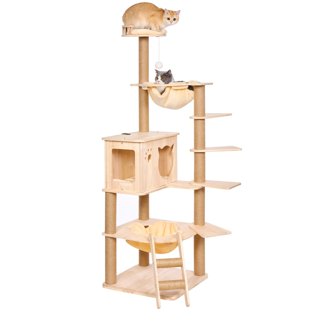 BEWISHOME Wood Cat Tree for Indoor Cats Large Adult, Cat Tower with 2 Hammocks,Sisal Scratching Post,Multi-Level,Washable Removable Cushions and Dangling Ballor Fun Play Cat Condo (Beige 62.2") MMJ61Y BEWISHOME