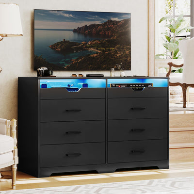 Hasuit Dresser with LED Lights for Bedroom, Double Dresser with 6 Drawers and 2 Pull-Out Tray, Black Chest of Drawers Bedroom Storage Organizer, Dimensions 15.6" D x 42.6" W x 30.1" H