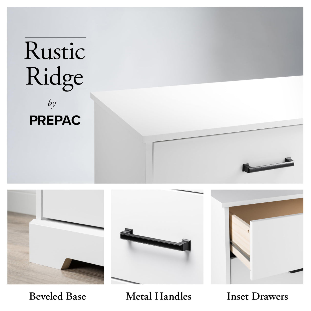 Prepac Rustic Ridge Farmhouse 6-Drawer Double Dresser, White Dresser for Bedroom, Chest of Drawers with 6 Storage Drawers, 53.25” wide x 18.25” deep x 28.5” tall, White Prepac