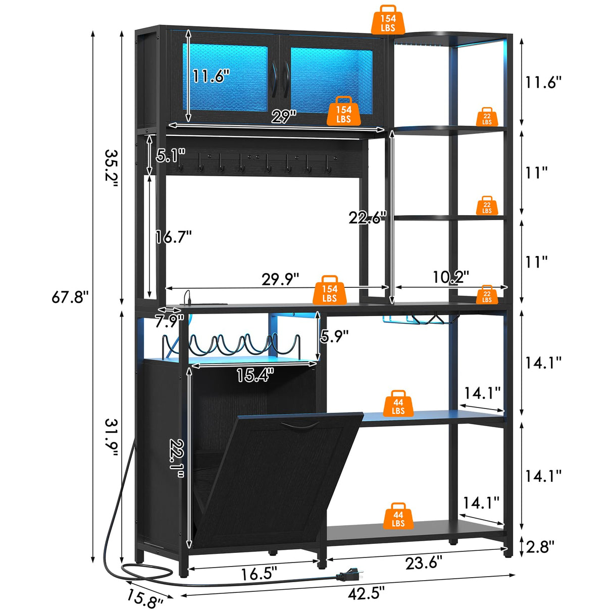 Lafnest Bakers Rack with Power Outlet and LED Light, 6-Tier Commercial Bakery Racks, Kitchen Microwave Stand with Storage Cabinet, Kitchen Tilt Out Trash Cabinet, 15.8" D x 42.5" W x 67.8" H, Black Lafnest