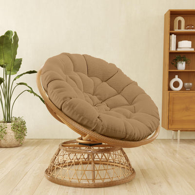 38'' 360 Degree Swivel Wicker Papasan Chair with Cushion and Base - Thickened Rattan Swivel Papasan Chair with Soft Cushion and Durable Frame, Oversized Reading Chair for Living Room, Camel