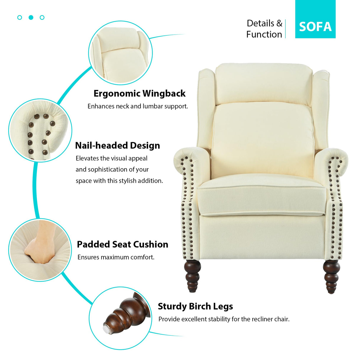 Christopher Knight Home 29.75" Push Back Recliner Chair,Upholstered Recliner Armchair with Classic Wing Back and Solid Gourd-Shaped Wooden Legs, Beige Christopher Knight Home