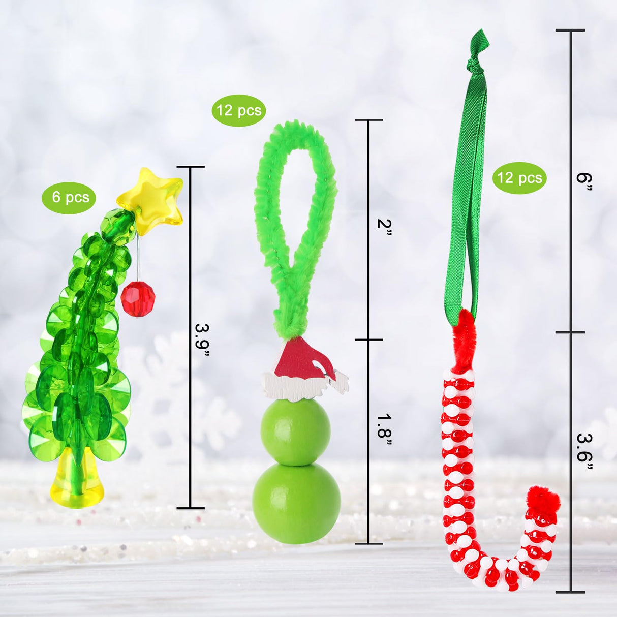 GYGOT Christmas Crafts for Kids Adults,30 Sets Christmas Beaded Ornament Kit for Kids to Make-Including 12 PCS Green Monster/6 PCS Tree/12 PCS Candy Cane,Christmas Tree Decorations (Assembly Needed) GYGOT