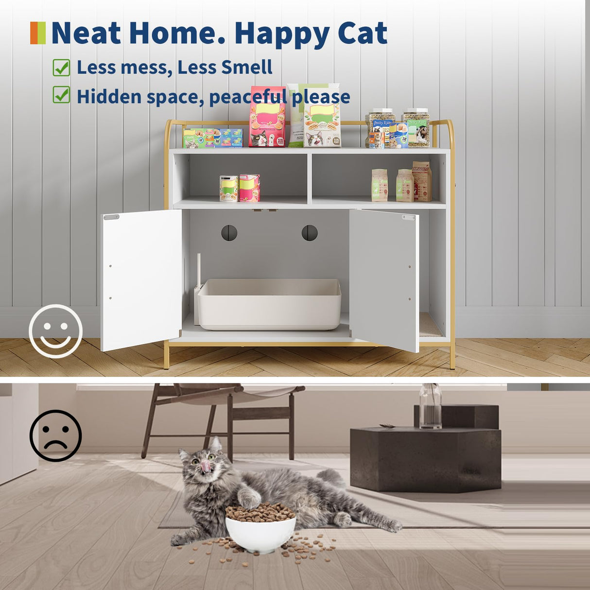 GarveeHome Cat Litter Box Enclosure with Metal Frame and Dual Storage Shelves, Modern Hidden Litter Box Furniture Indoor Cat House, Side Table Style White GarveeHome