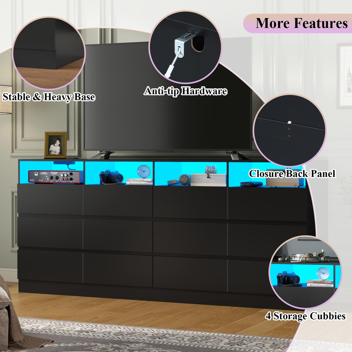 Gyfimoie 63" Wide 6-Drawer Black Dresser with Divided Compartments, Charging Station & LED Lights, TV Stand for TVs up to 75", Large Organizer with 4 Open Cubbies Gyfimoie