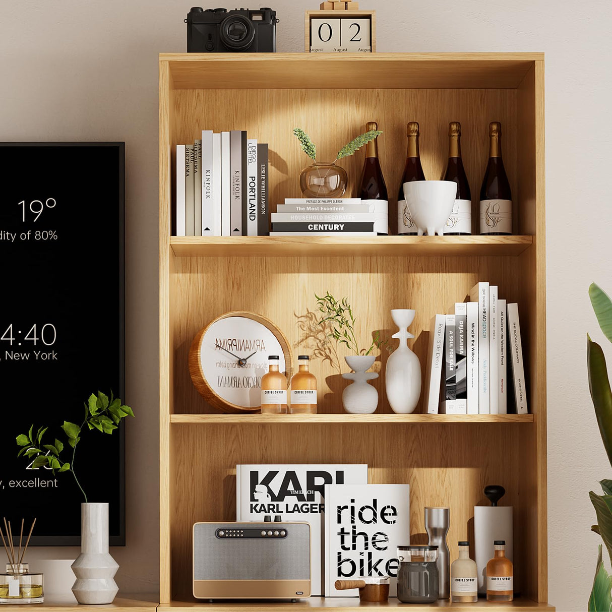 TUSY 4-Piece Large TV Stand with Bookshelves for TVs up to 75", TV Entertainment Center Media Center with Tempered Glass Doors and Shelves, TV Hutch for Living Room White (Wood) TUSY