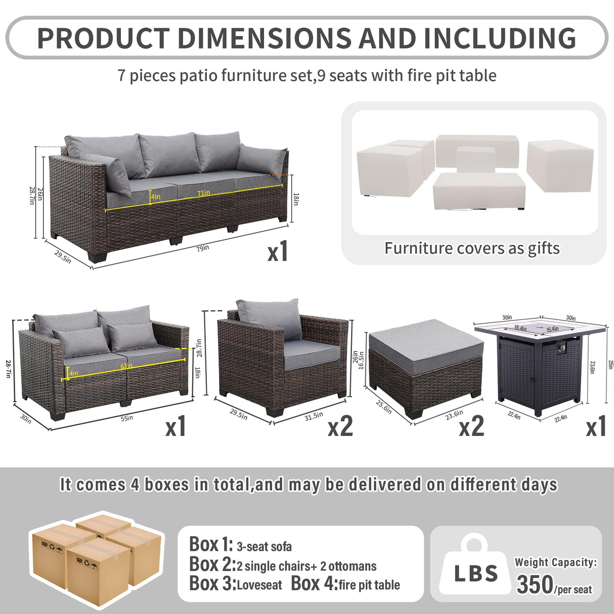 Valita 7 Pieces Patio Furniture Set,9-Seats Outdoor Wicker Sectional Sofa Brown Rattan Modular Patio Conversation Chair Set with 50000 BTU Fire Pit Table,Washable Cushions(Grey) Valita