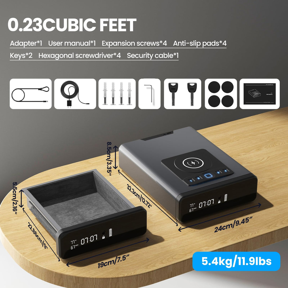 Grimtron Biometric Gun Safe for Handgun, Smart Clock Safe with 2-in-1 Watch & Phone Wireless Charging, Bedside Pistol Safe with Backlit Keypad, Nightstand Handgun Safe with LED Light Grimtron