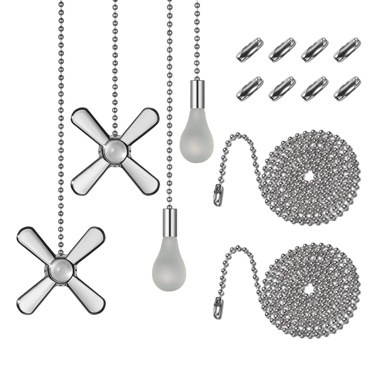 Generic ELFCAB Ceiling Fan Pull Chain Set, Including 4Pcs Beaded Ball Fan Pull Chain Pendant, Extra 8Pcs Pull Loop Connectors, 2Pcs 36 inches Fan Pull Chain Extension. (Nickel), 12inch Mnixy