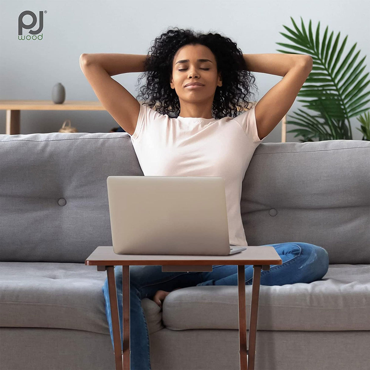 PJ Wood Multifunctional Rectangular Folding and Collapsible Solid Wood TV Tray Snack Tables with Compact Storage Rack, Set of 2, Black PJ Wood