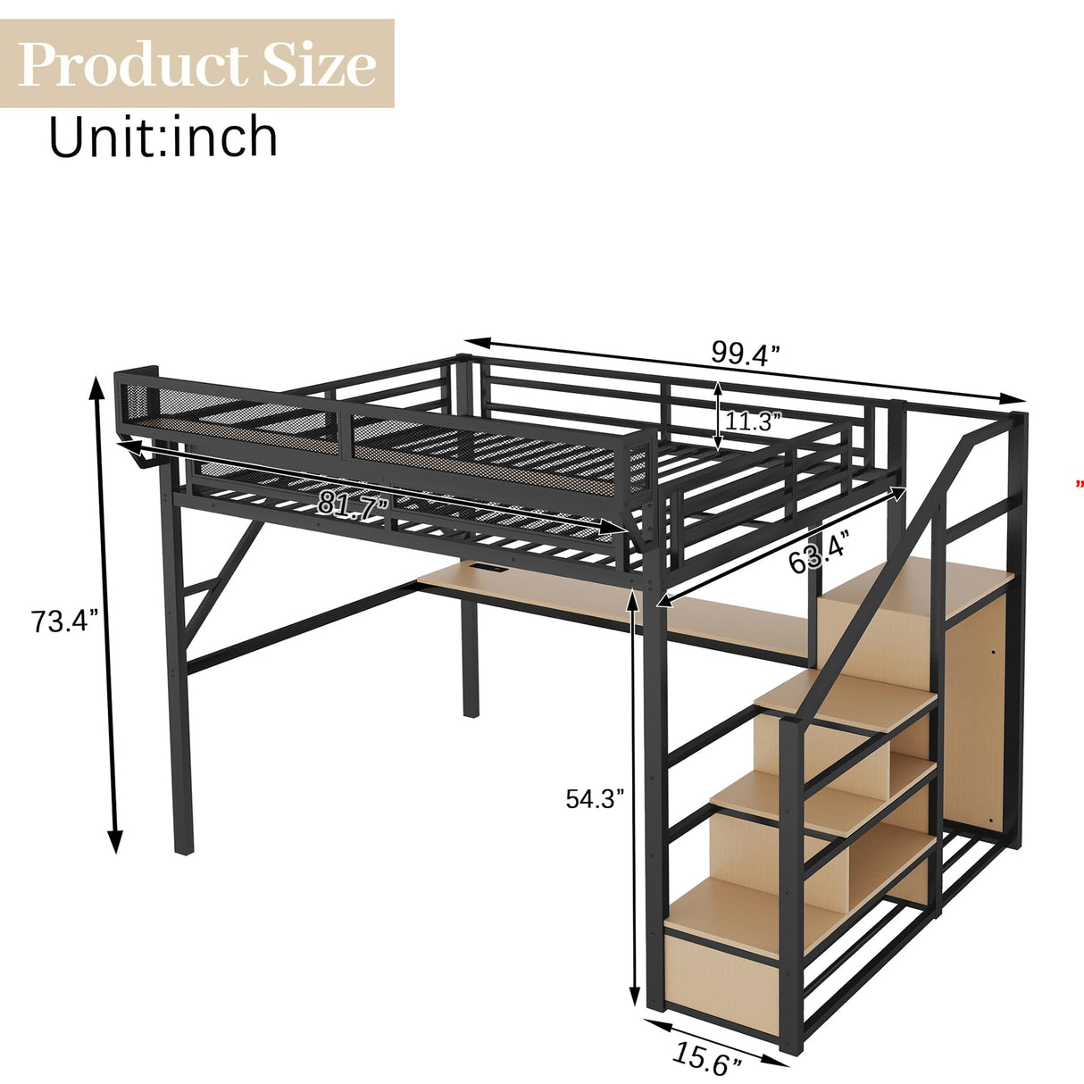 Queen Size Loft Bed with Stairs and Desk, Heavy Duty High Loft Bed Queen with Storage, Upper Shelf and Wardrobe for Kids Teens, Adults Teens No Box Spring Needed, No Noise, Black Duxelifin