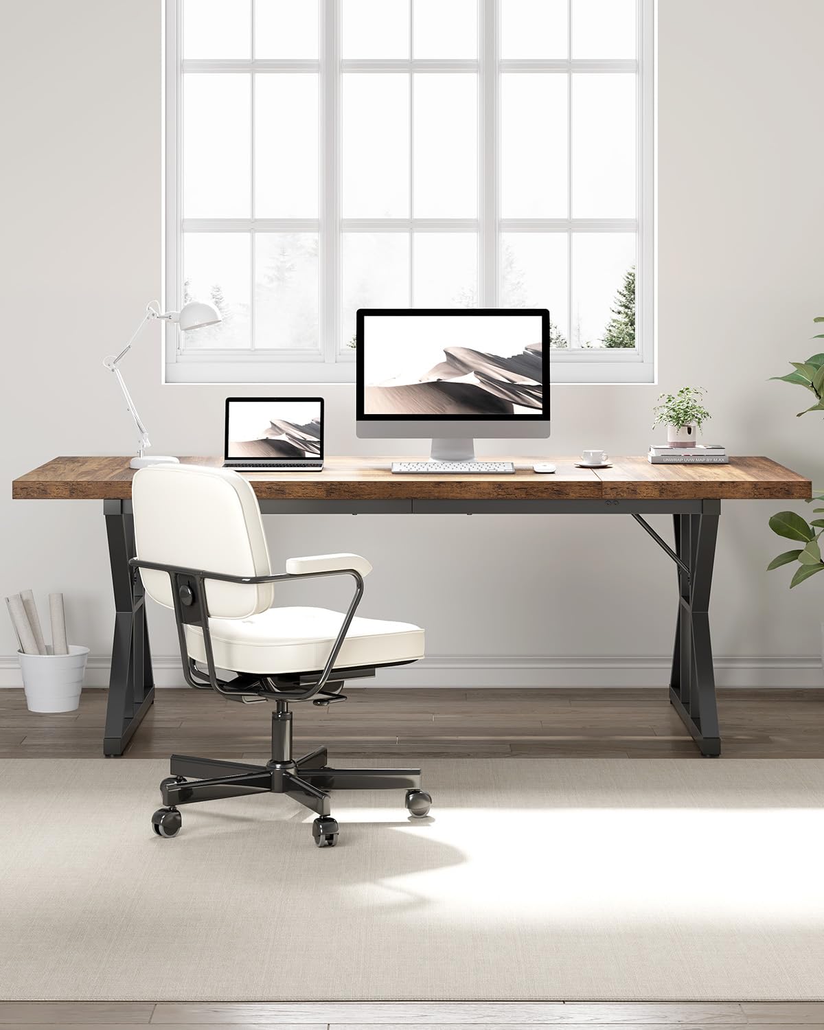 LITTLE TREE 70.8-Inch Large Executive Desk, Farmhouse Computer Office Desk, Wooden Work Desk Writing Table for Home Office, Brown-Black LITTLE TREE