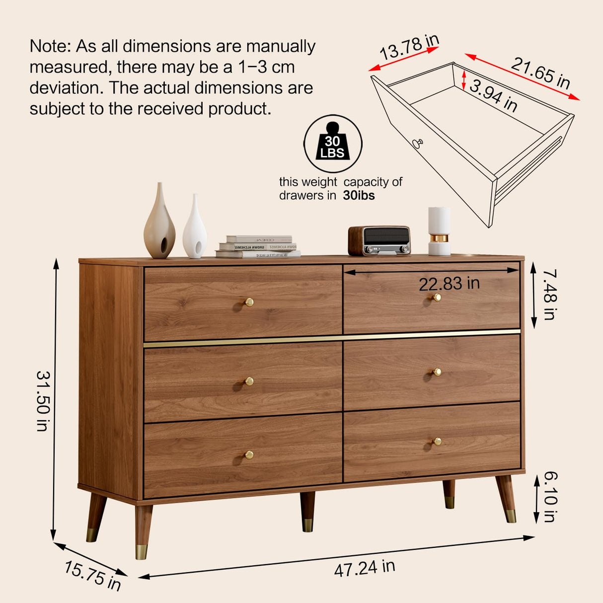 Chrangmay 6 Drawer Dresser,47" Wide Mid Century Chest of Drawers,Wooden Bedroom Drawer Dresser with 6 Storage Drawers for Bedroom,Living Room,with Anti-Tipping Device,Walnut.HT Chrangmay