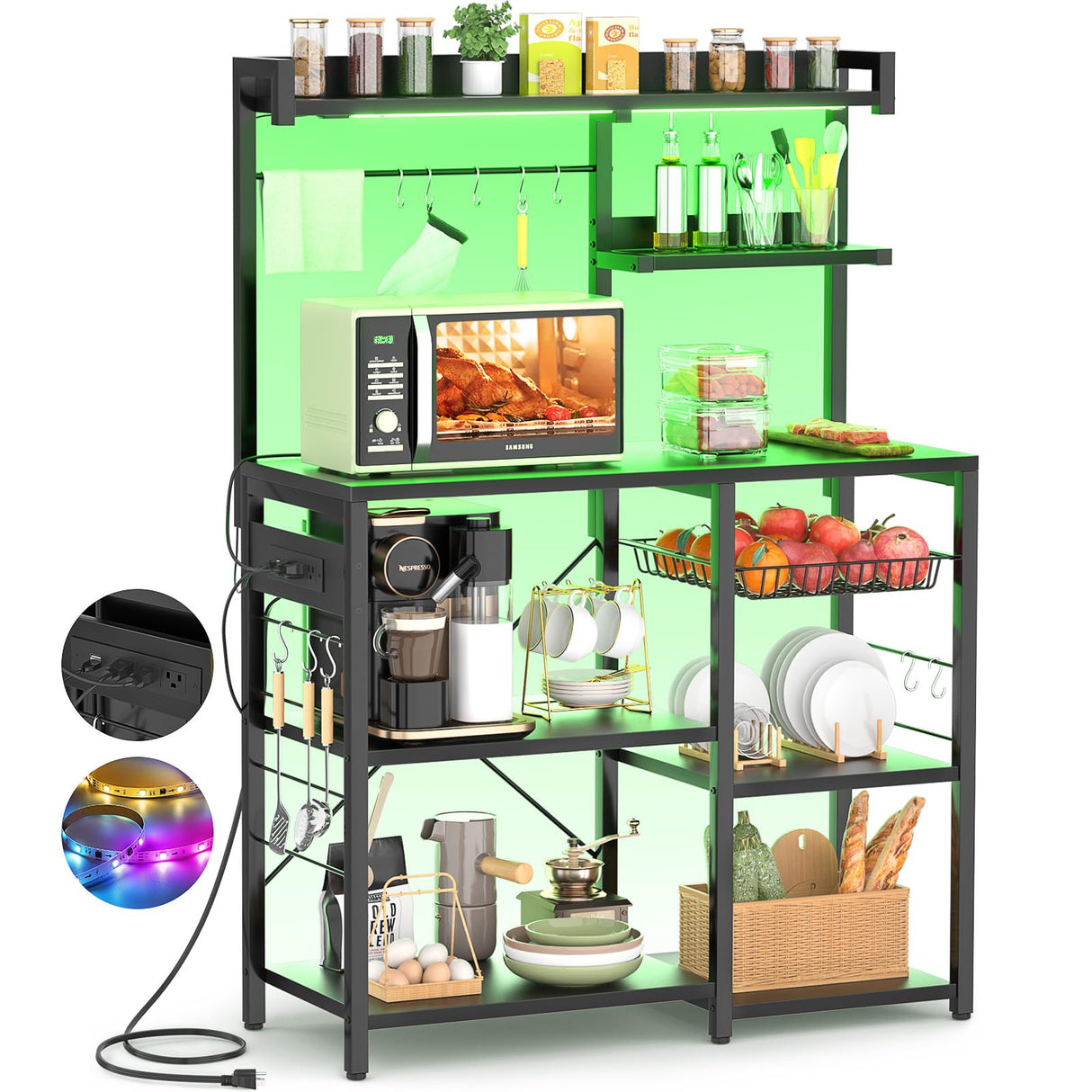 Aheaplus Bakers Rack with Power Outlet and LED Light Strings, Microwave Oven Stand Kitchen Storage Shelf with Wire Basket, Coffee Bar Station Island Table with 10 Hooks for Spices, Pots, Pans, Black Aheaplus
