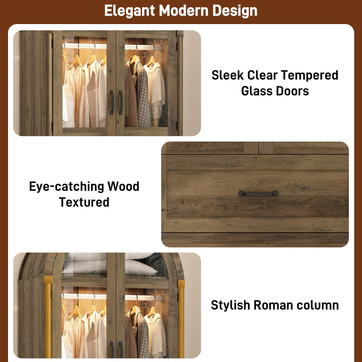 chartustriable 2 Doors Arched Armoire Wardrobe Closet w/Drawers,LED Light,Wooden Closet Wardrobe Cabinet with Hanging Rod for Bedroom,Modern Armoire Storage Cabinet w/Shelf,Rustic Oak chartustriable