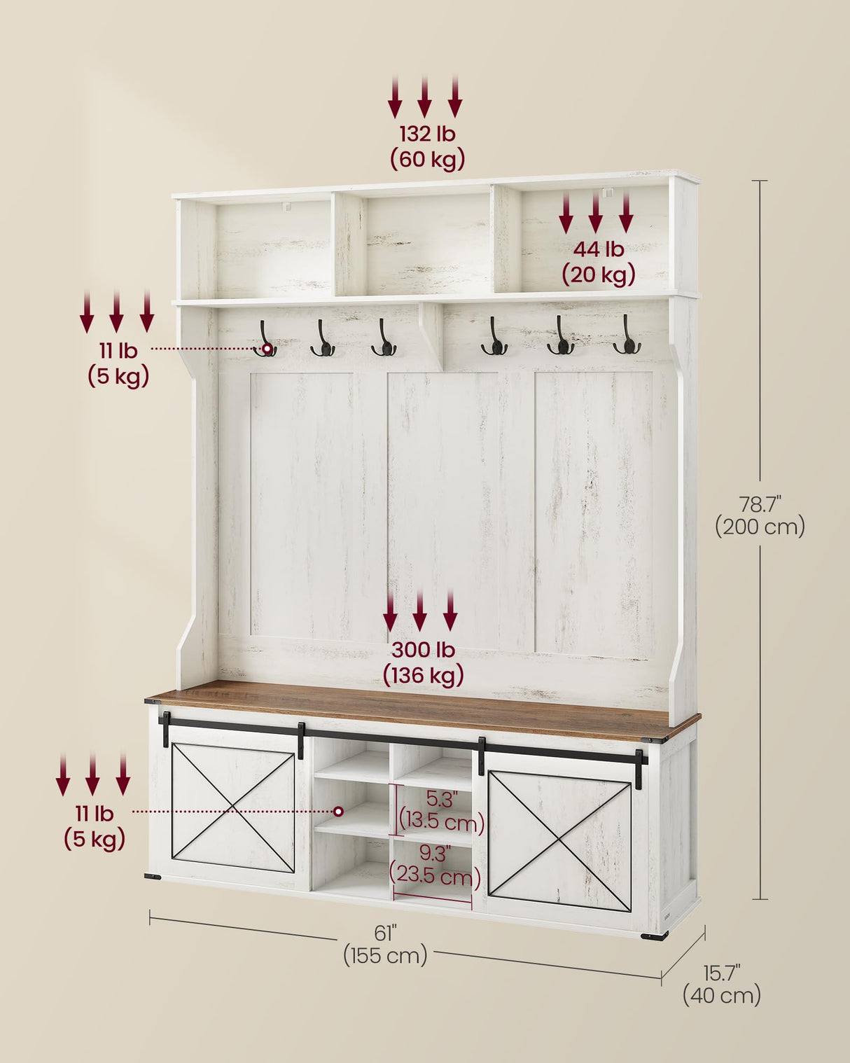 VASAGLE Hall Tree with Bench and Shoe Storage, Coat Rack with Shoe Bench, Entryway Furniture, 6 Tri-Hooks, Sliding Door, Farmhouse Style, Space Saving, Rustic White and Honey Brown UHSR443W01 VASAGLE
