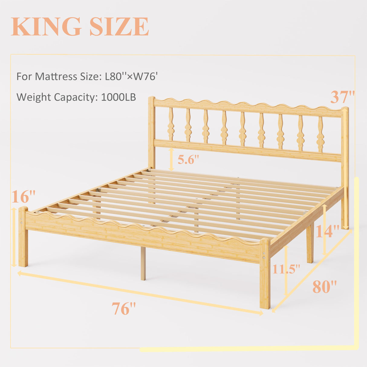 ZIYOO Solid Bamboo Wood King Size Bed Frame with Headboard, 14 inch Platform King Bed Frames No Box Spring Needed with Steel Slats, Sturdy and Stable, Easy Assembly, Noise Free ZIYOO