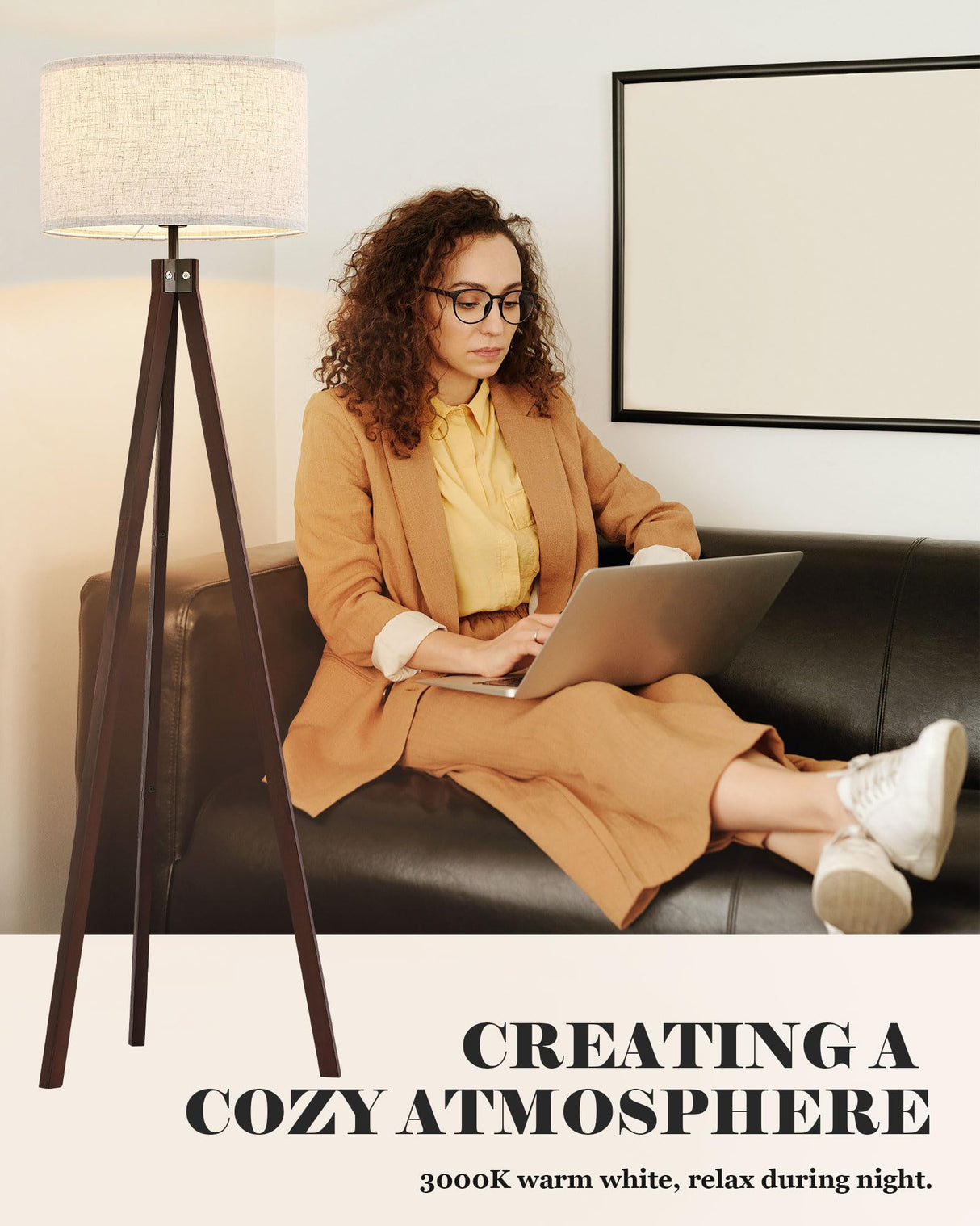 ELYONA Wood Tripod Floor Lamp, Mid Century Modern Reading Standing Light, Tall Studying Light with 3 Color Temperatures LED Bulb & Nature Linen Shade for Farmhouse Living Room Bedroom Office, Walnut ELYONA