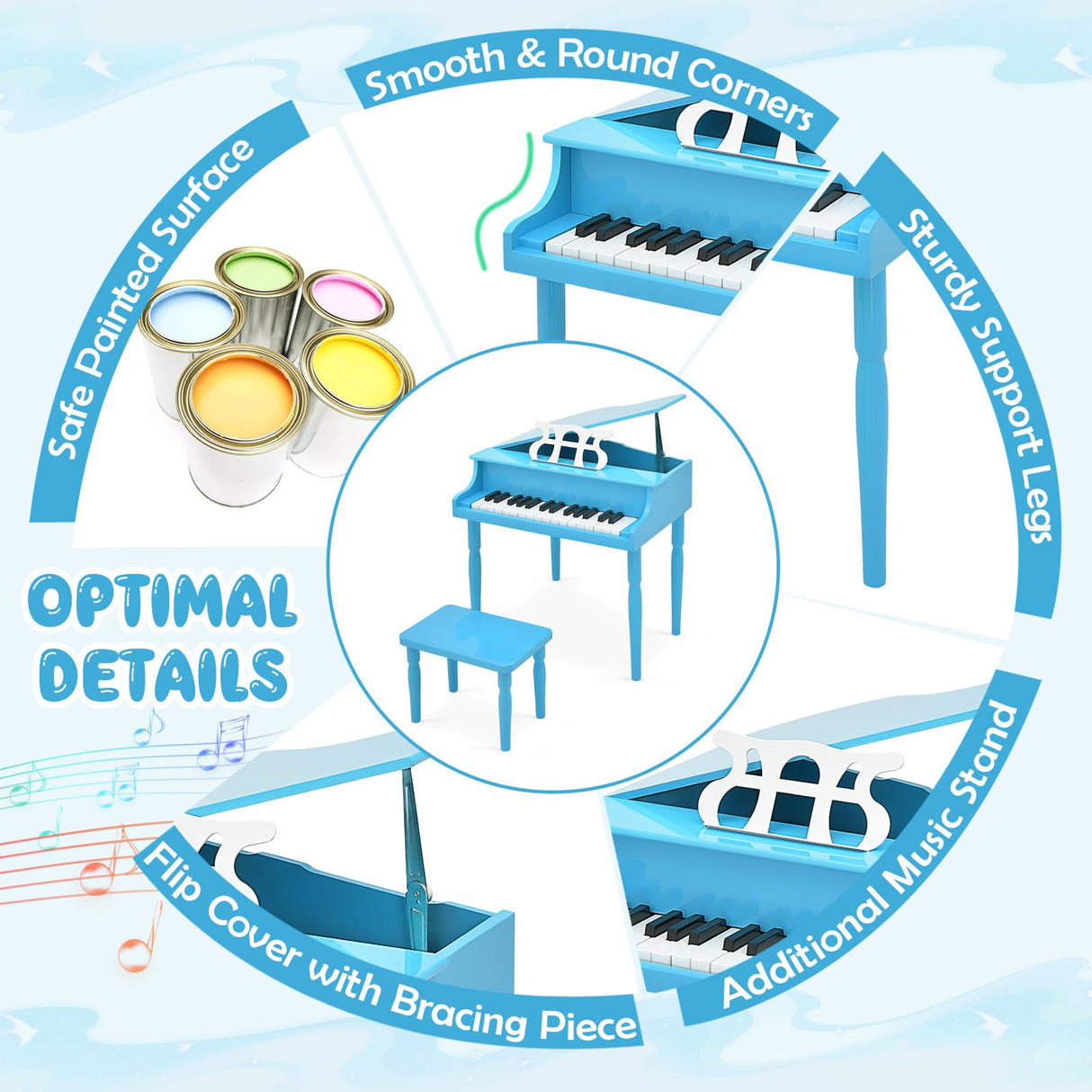 Goplus 30-Key Classical Kids Piano, Mini Grand Piano Wooden Learn-to-Play Musical Instrument Toy with Bench, Piano Lid, Music Rack, Gift for Boys Goplus