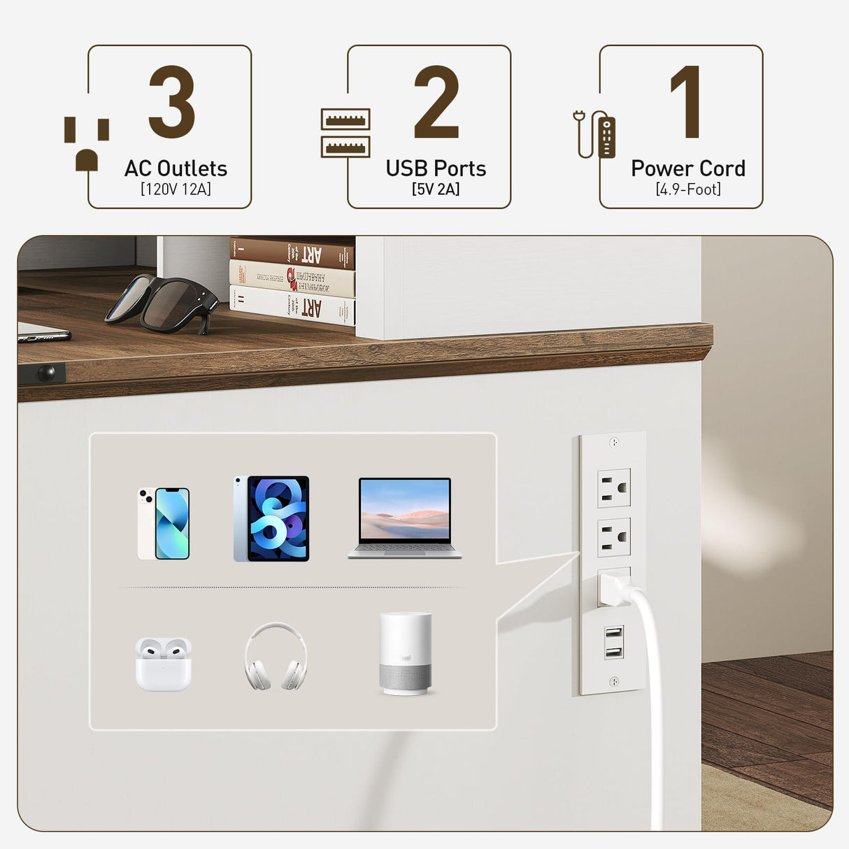 RALGEND 55'' Farmhouse Executive Desk with Drawers, Computer Desk with File Cabinet and Side Bookshelf, Writing Gaming Desk with Monitor Stand & Charging Station, White and Walnut RALGEND