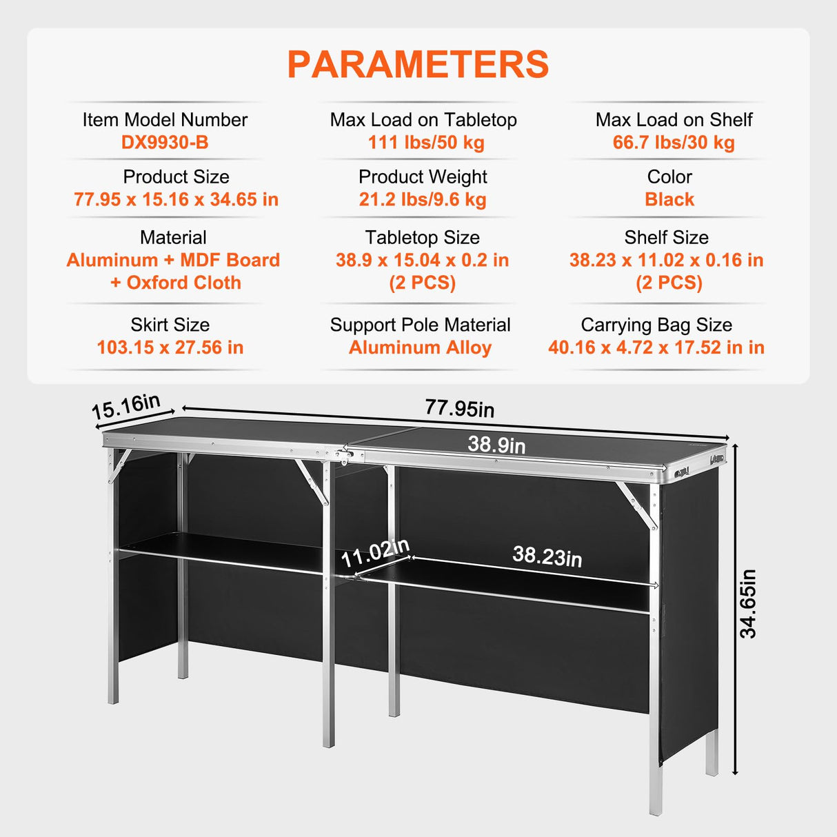 VEVOR Extra Long Folding Portable Bar Tradeshow Podium Table for Indoor, Outdoor, Party, Picnic, Exhibition, Includes Carrying Case, Storage Shelf and Black Skirt, 77.95" x 15.16" x 34.65" VEVOR