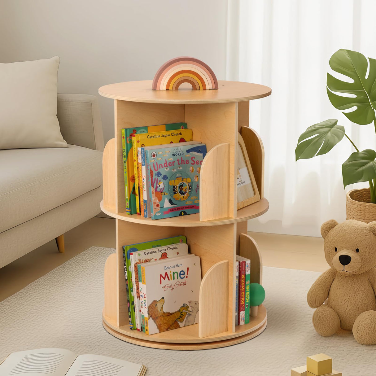 OOOK 2 Tier Rotating Bookshelf, Small Corner Bookshelf Floor Standing Wooden Narrow Bookcase Organizer for Kidsroom, Bedroom, Living Room OOOK