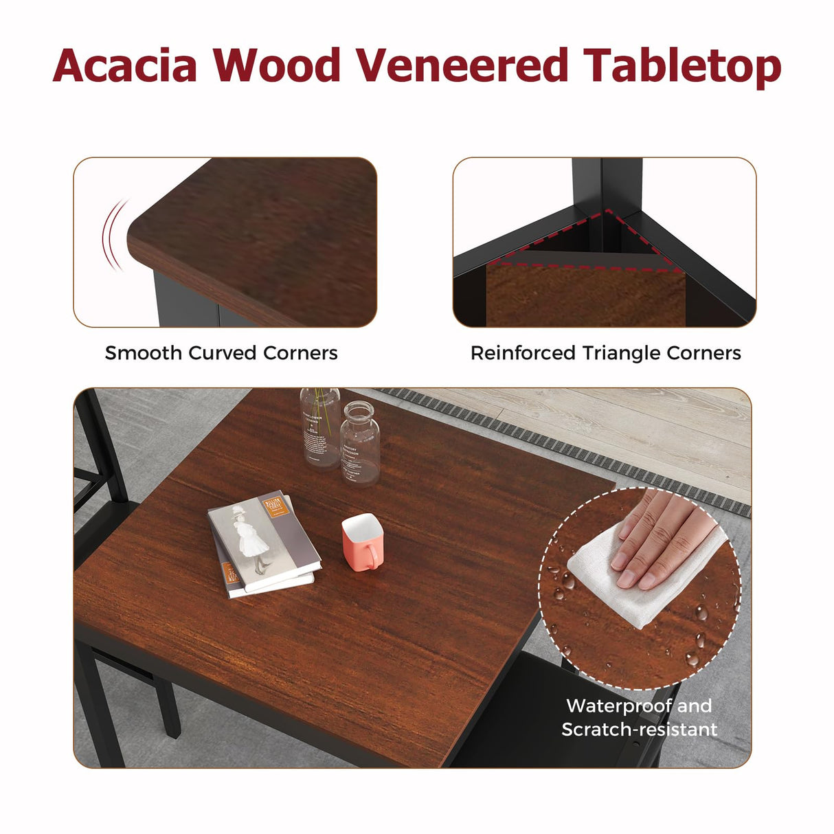 Tangkula Mid-Century Modern Dining Table Set for 2, Wooden Kitchen Table & 2 Chairs with Padded Seats, 3-Piece Compact Dining Set for Small Spaces, Kitchen, Living Room (Brown+Black) Tangkula