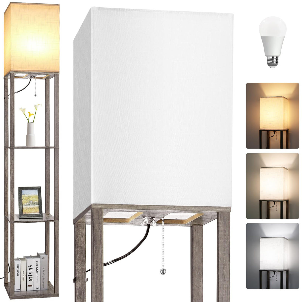 Floor Lamp with Shelves,Wood Corner Floor Lamps for living room tables with 3 CCT LED Bulb,Modern Display Bookshelf Nightstand Lamps,Column Standing Lamp for Bedroom Office Home Decor-Rustic Wood Dott Arts