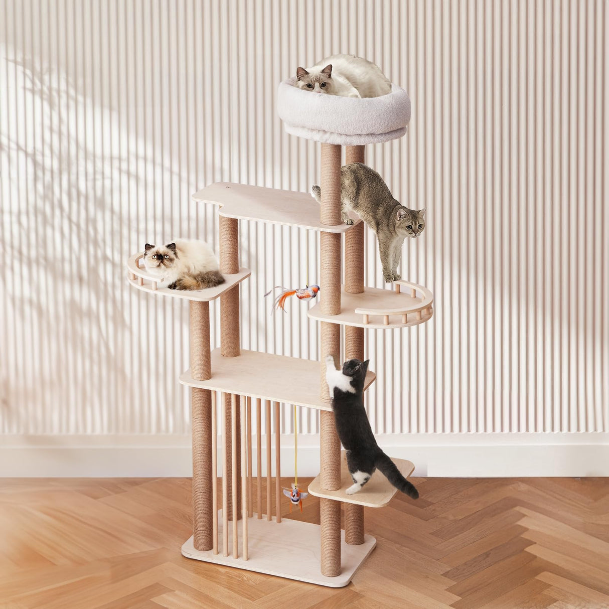 Choc chick Wood Cat Tree for Indoor Cats Large Adult, 68 Inches Tall Multi Level Cat Tower with Scratching Post Sisal-Covered, Modern Cat Tree Plush Cattery Chirping Bird Cat Toy Choc chick