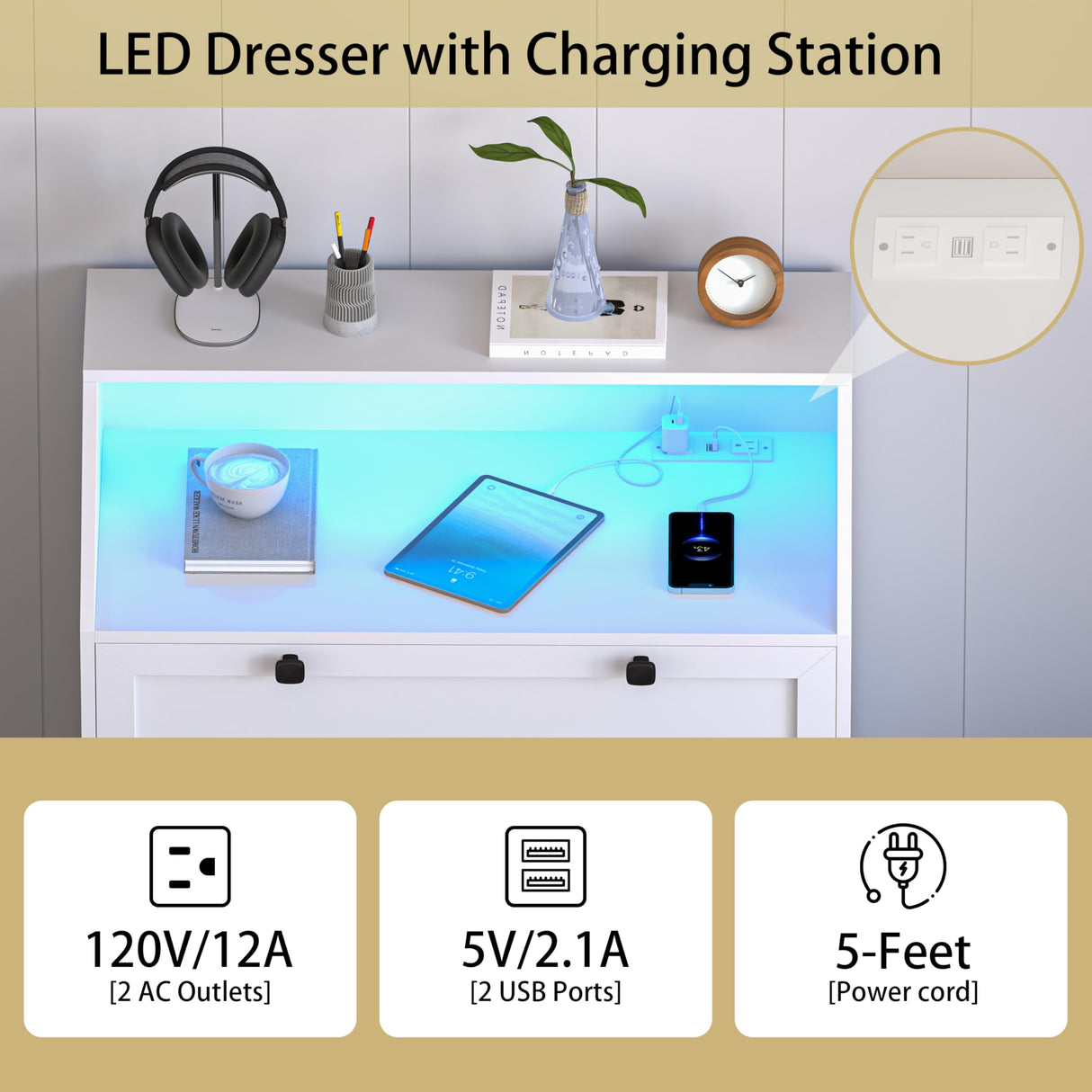 Wodeer White Dresser Tall 5 Drawer Dresser for Bedroom, Wood Chest of Drawers with LED Lights, Charging Station, Metal Handles, Modern Storage Cabinet and Organizer Drawers for Living Room, Hallway