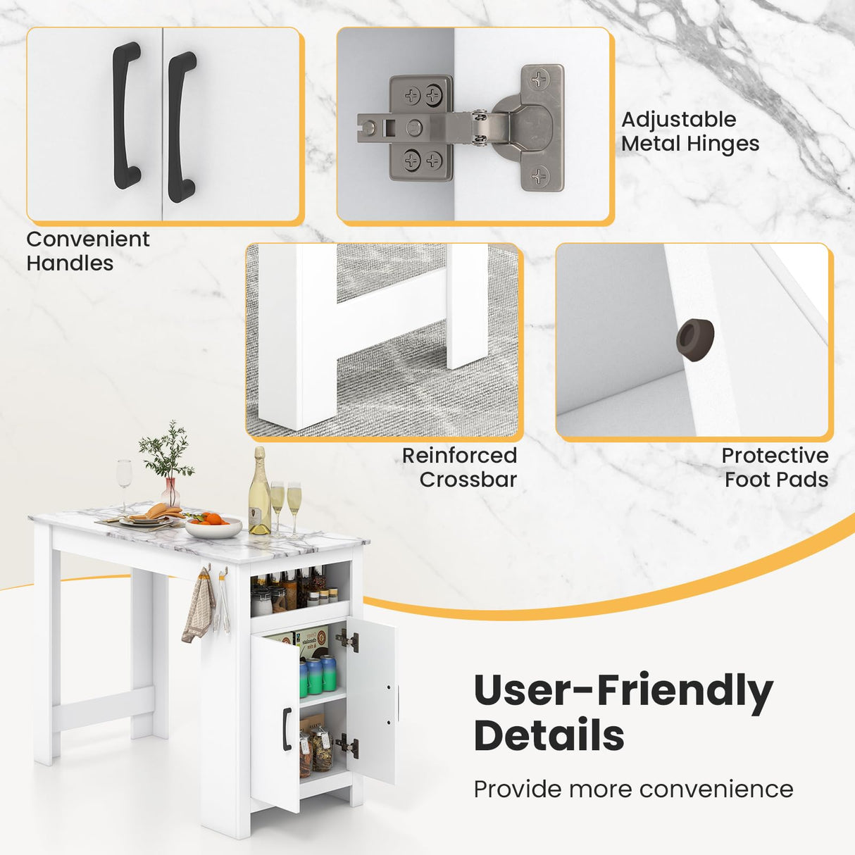 Giantex Bar Table, 47” Counter Height Dining Table with 7 Hanging Hooks, Compartment, Cabinet & Adjustable Shelf, High Top Table, Faux Marble Pub Table for Kitchen Breakfast Nook Small Space, White Giantex