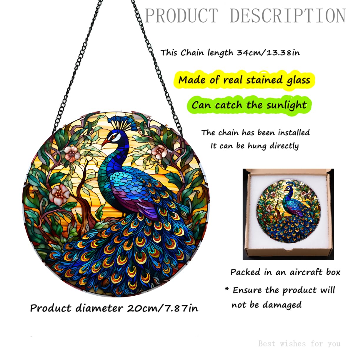 WOHAHA Peacock Stained Glass Window Hanging - 7.8'' Hand-Painted Suncatcher for Indoor/Outdoor Decor, Sun Catcher Glass Panel Wall Art Decor for Women, Couples & Animal Lovers (Blue-1) WOHAHA