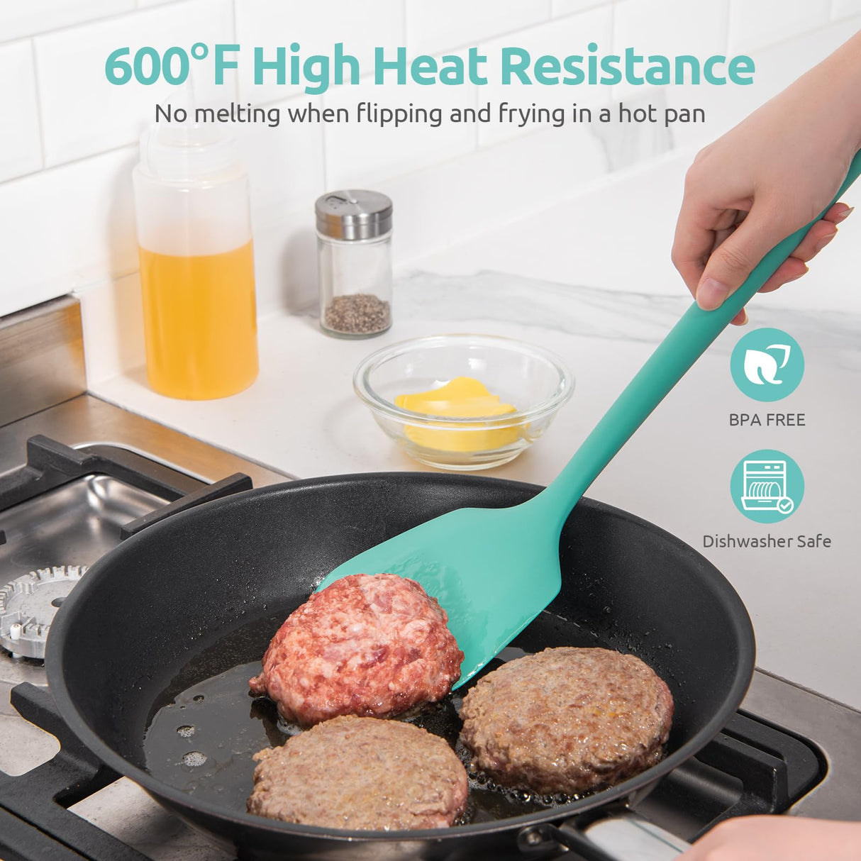 600ºF Heat Resistant Silicone Turners: U-Taste 13.6in Long Solid & Slotted Kitchen Spatula Flipper, Wide and Large Flexible Cooking Utensil for Flipping Egg, Pancake, Cookie (Aqua Sky, 2PCS) U-Taste