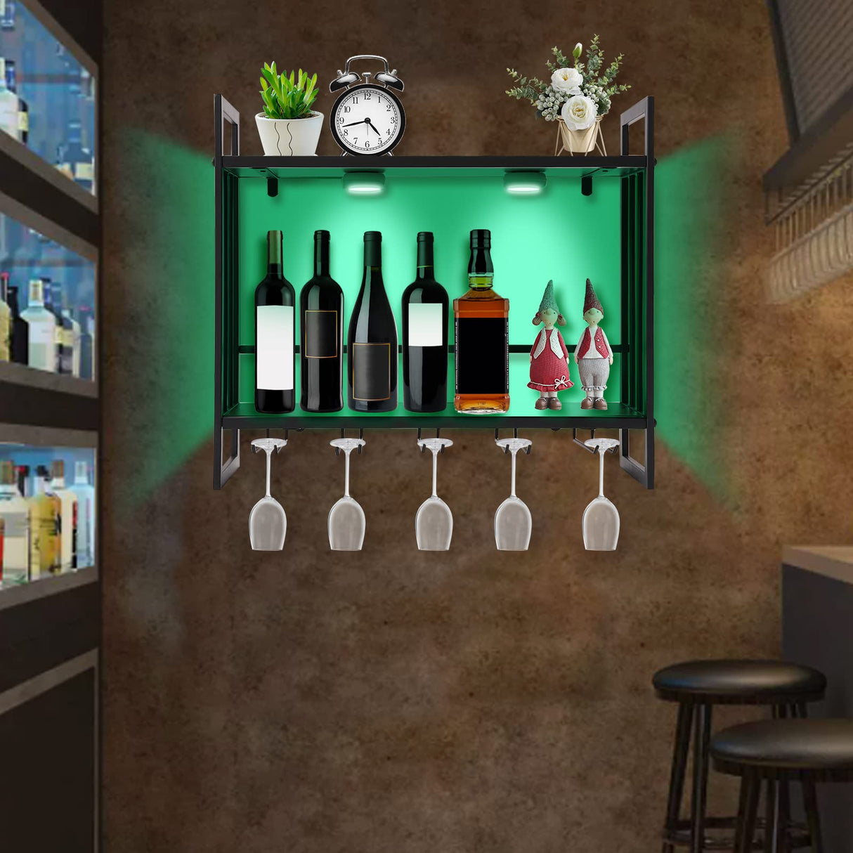 CeRaBuRET Wall Mounted LED Wine Rack, Wine Bottle Rack, Metal Hanging Wine Holder with 5 Stem Glass Holders for Storing Wine Bottles, 23.6 * 7.87 * 21.26inch CeRaBuRET