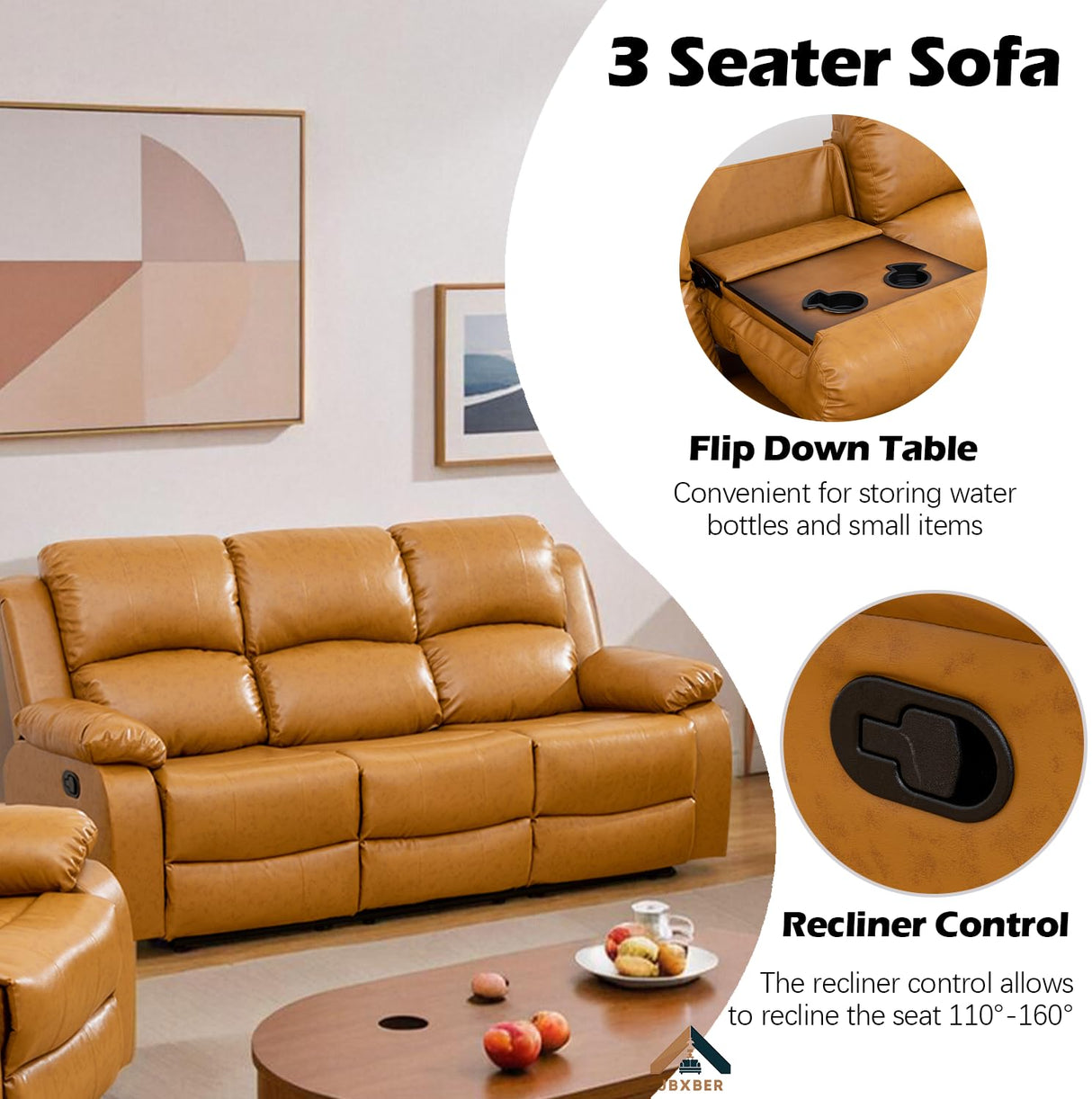 JBXBER Manual Recliner Sofa Set for Living Room, Leather Reclining Sofa Sets, Faux Leather Couch Set with Cup Holders, Drop-Down Table and Storage Console(3 Piece Set,Ginger) JBXBER