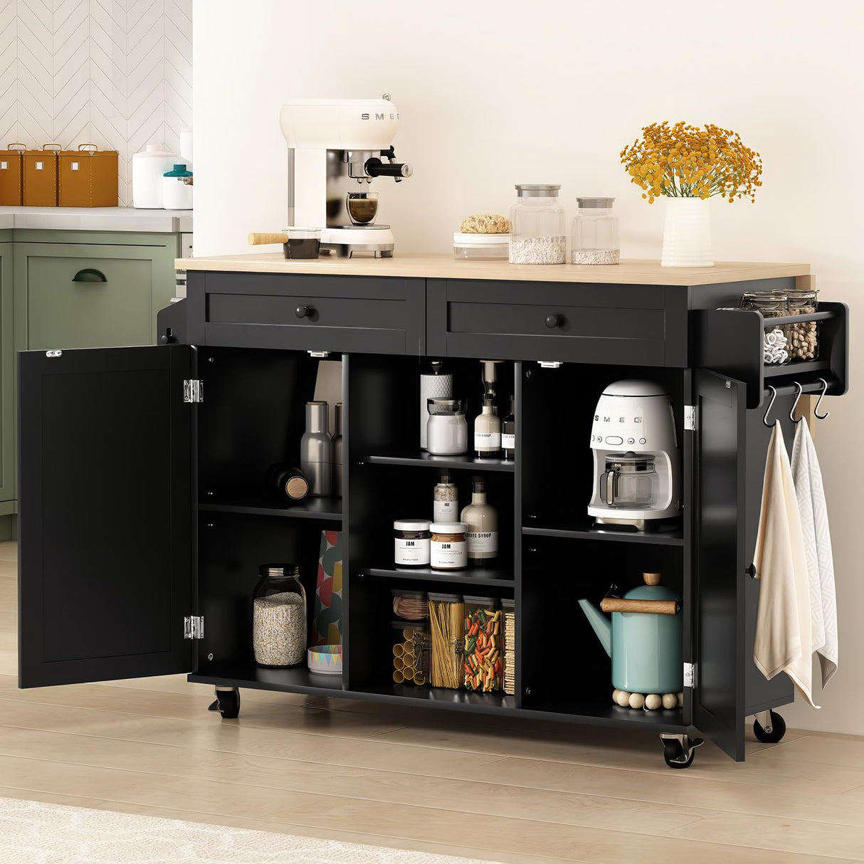 HLR Kitchen Island On Wheels, Rolling Kitchen Island Cart with Drop Leaf Countertop, Barn Door Kitchen Island Table with Storage Cabinet and Tower Rack, Island Table for Kitchen HLR