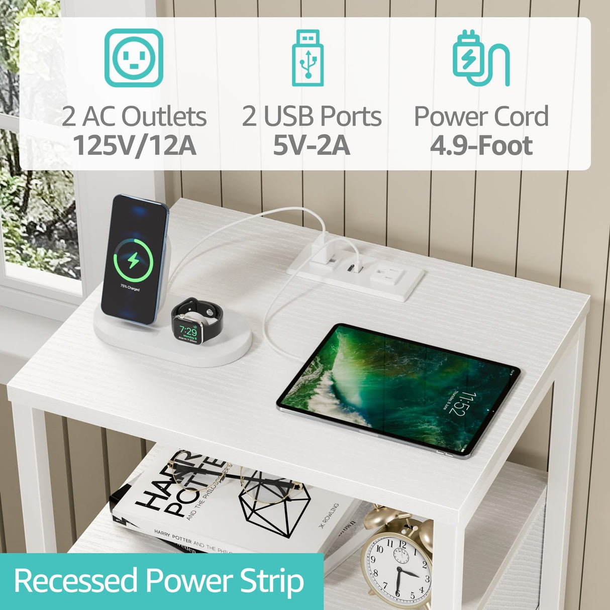 BOLUO White Night Stand with 3 Fabric Drawers, Nightstand with Charging Station LED Nightstand for Bedroom, Bedside Table with USB Ports and Outlets Modern BOLUO