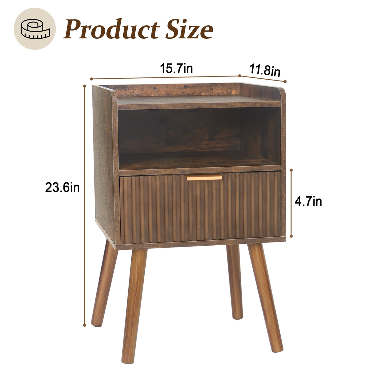 AWASEN Mid Century Modern Nightstand, Wood Bedside Table with Fluted Drawers, Rustic Night Stand Bed Side Table with Solid Wood for Living Room, Bedroom, Office and Small Space (Rustic Brown) AWASEN