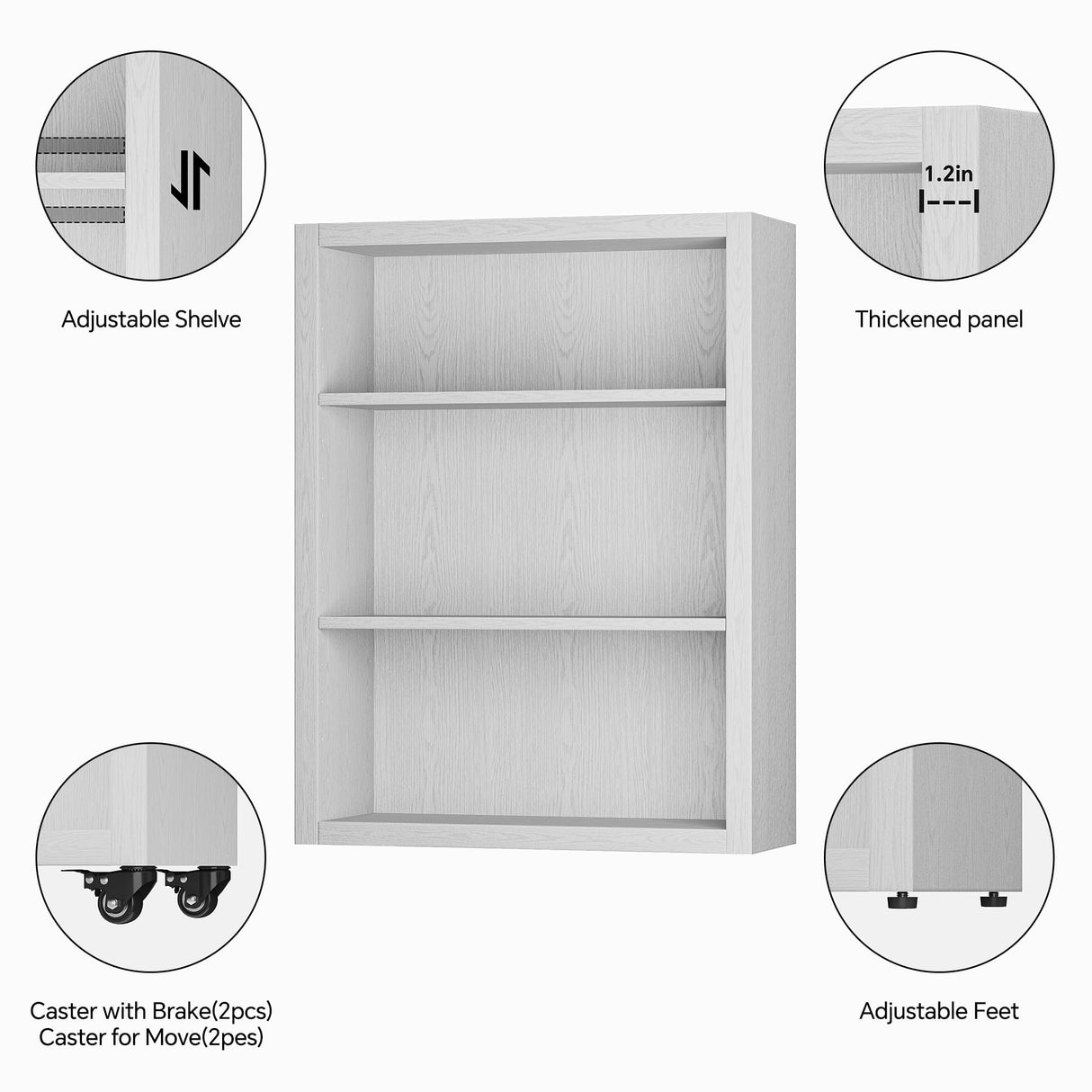 FUSUNBAO 3-Tier Bookshelf with Wheels Book Storage Organizer Bookcase Floor Standing Fixed Shelves Adjustable Shelf Display Shelves Cabinet for Living Room/Bedroom/Office (White) FUSUNBAO